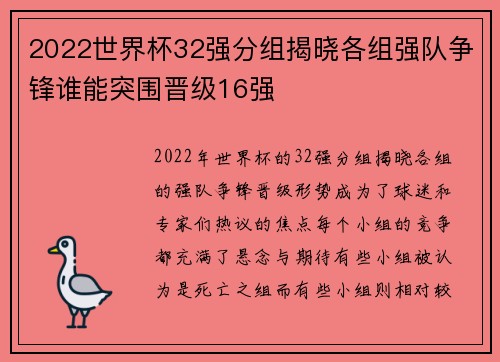 2022世界杯32强分组揭晓各组强队争锋谁能突围晋级16强