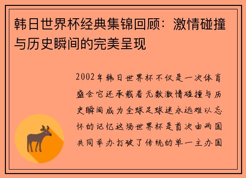 韩日世界杯经典集锦回顾：激情碰撞与历史瞬间的完美呈现